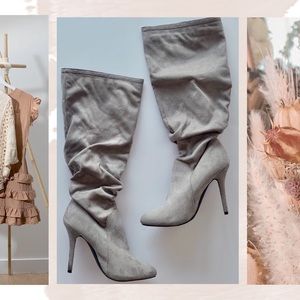 Taupe grey knee high slip on boots